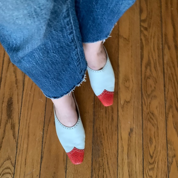 Manolo Blahnik mule flats red tip white western